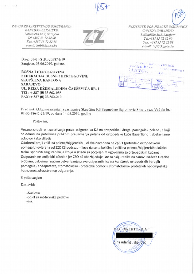 Odgovor ZZO KS na zastupničko pitanje Segmedine Bajramović-Srna