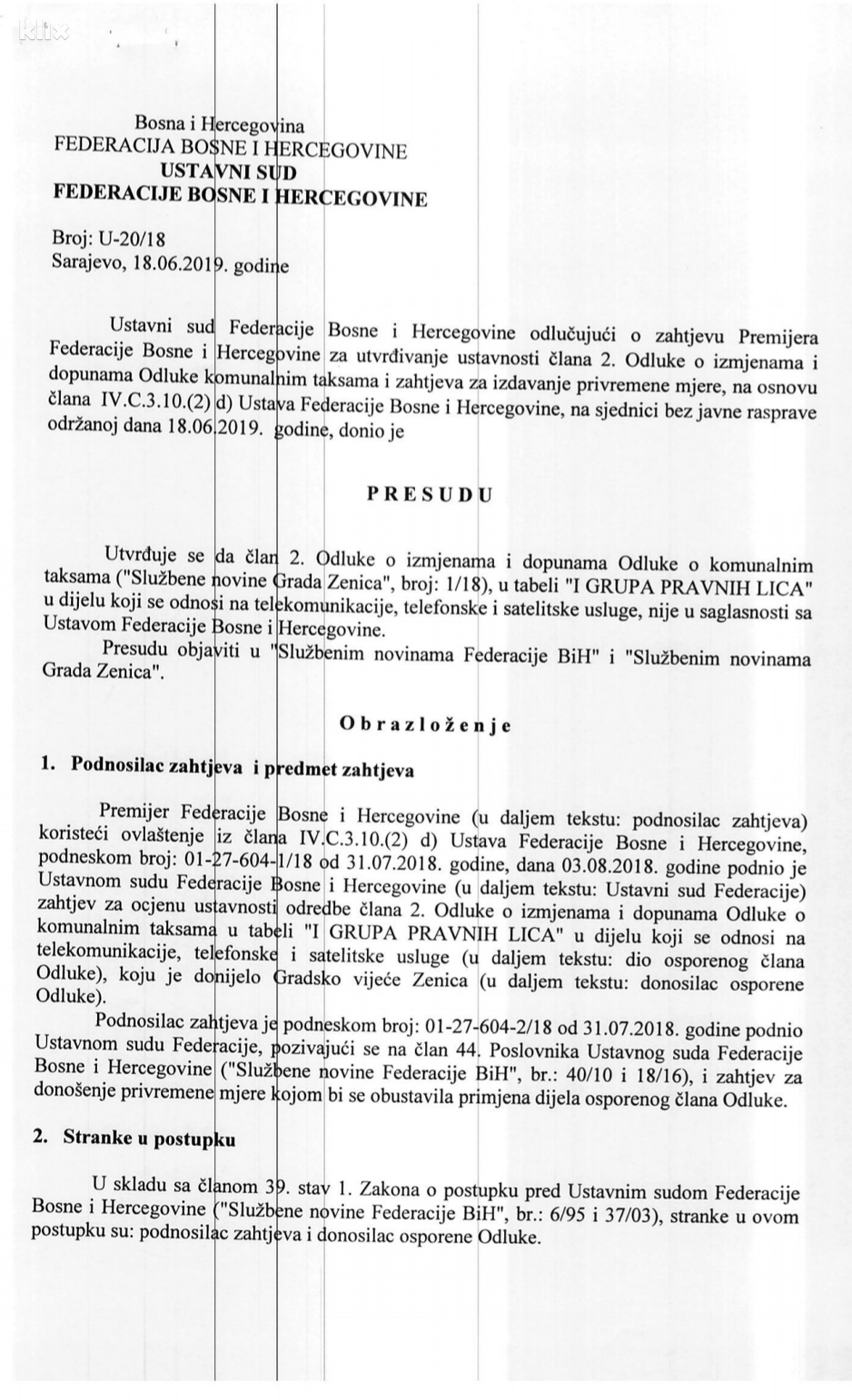 Faksimil Presude Ustavnog suda FBiH (Foto: Klix.ba)