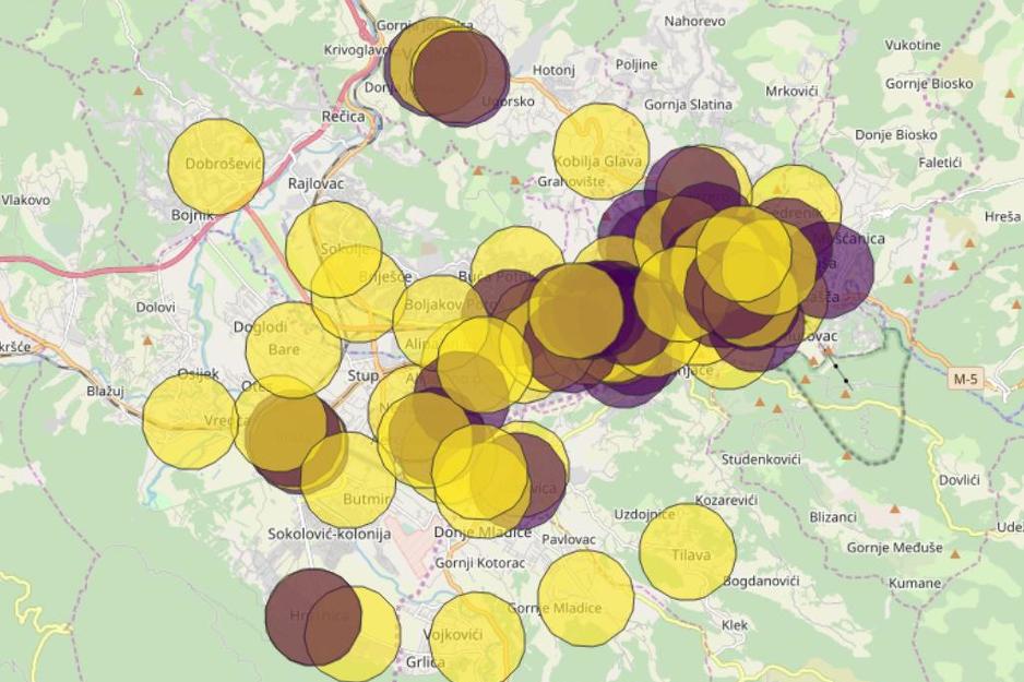 Približna mapa škola u Kantonu Sarajevo (žuti krug osnove škole) Mapa: Mirza Čengić/Twitter