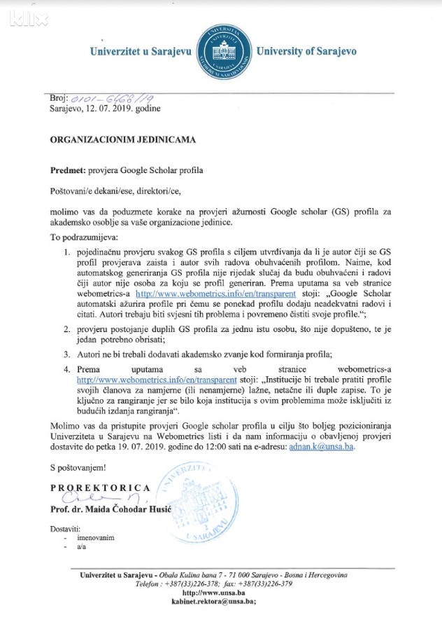 Dopis iz Rektorata UNSA upućen dekanima