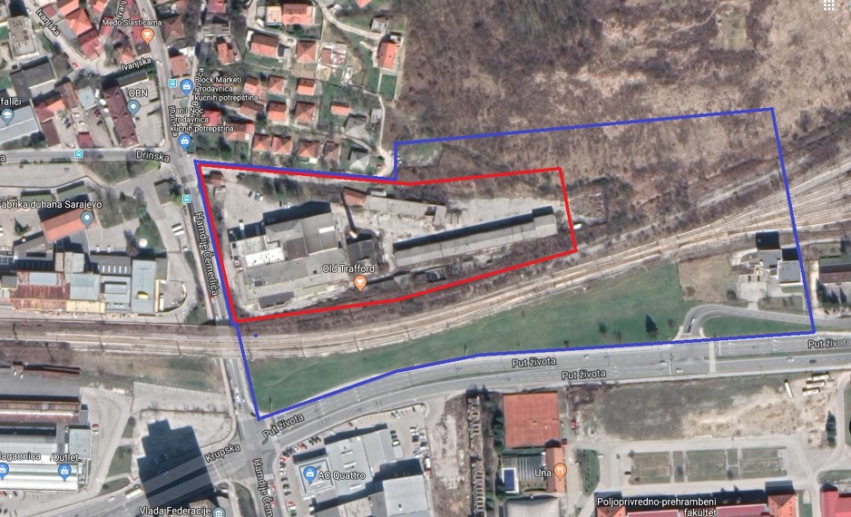 Plavo: obuhvaćeno planom; Crveno: granice kompleksa