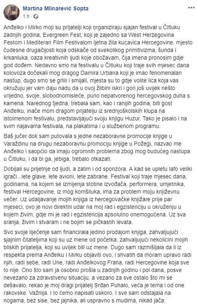 Martinina objava na Facebooku