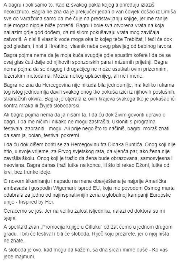 Martinina objava na Facebooku