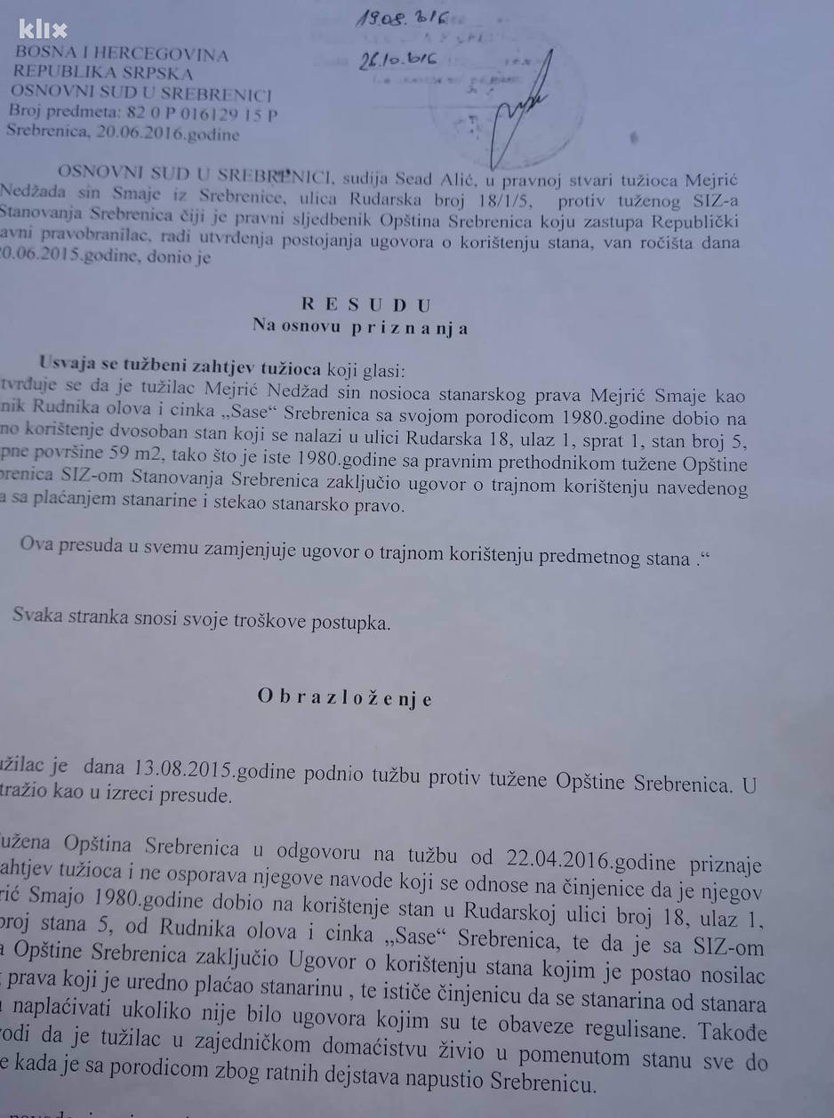 Sudska presuda o trajnom korištenju predmetnog stana (Foto: Klix.ba)