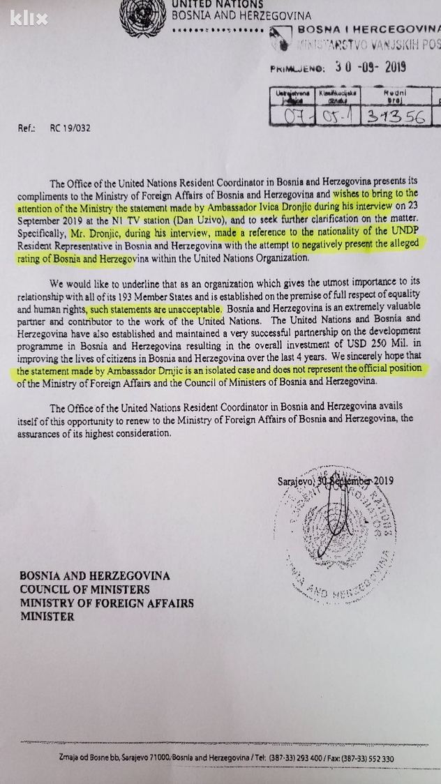 Dopis upućen Ministarstvu vanjskih poslova BiH