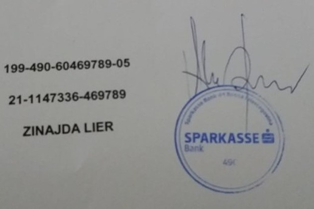 Račun za uplate na ime Zinajda Leir