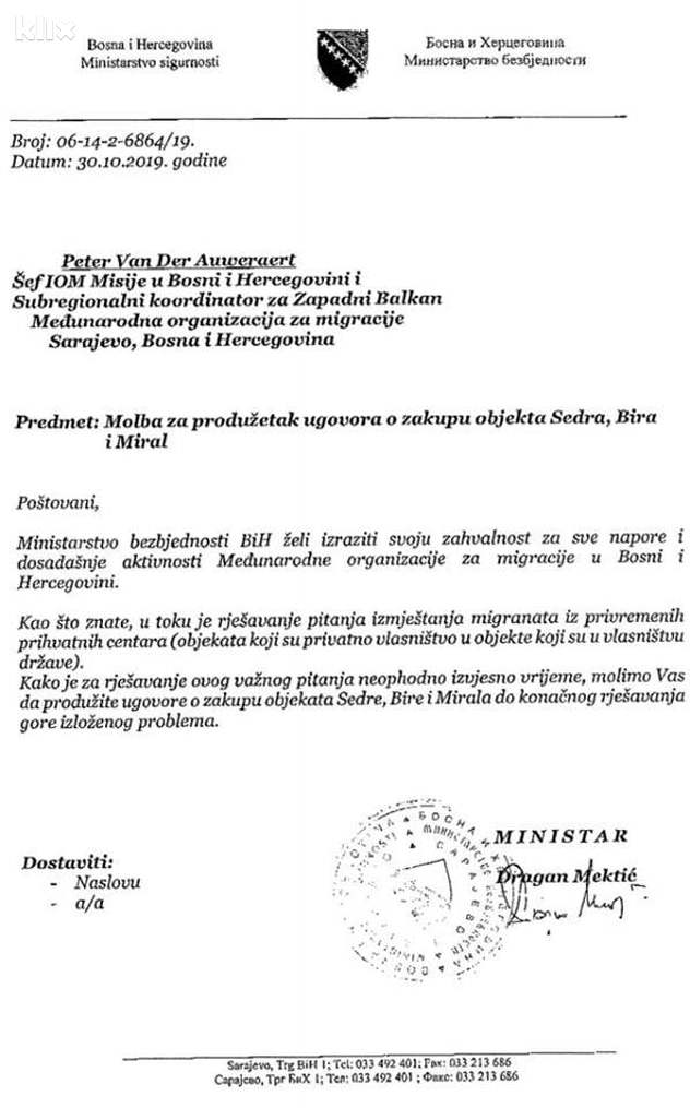 Molba Dragana Mektića šefu IOM-a