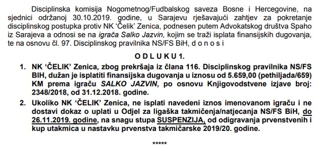 Odluka Disciplinske komisije NS BiH
