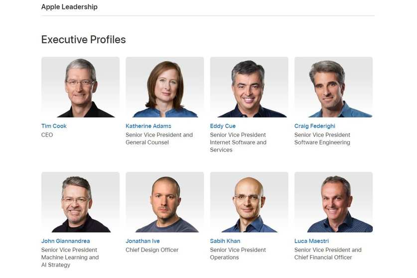 Screenshot stranice kompanije Apple prije nego je Jony Ive uklonjen