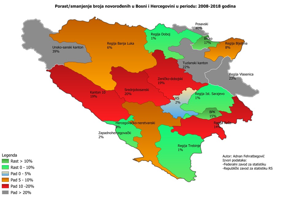 Novorođeni u BiH u periodu 2008-2018. godina, po regionima/kantonima