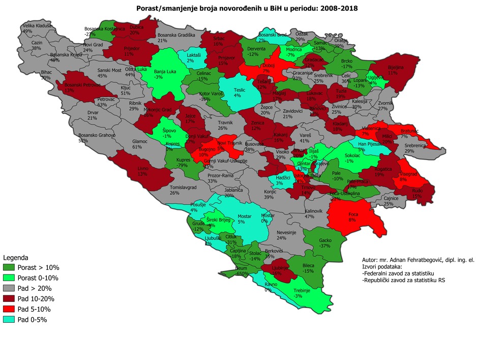Novorođeni u BiH u periodu 2008-2018. godina, po općinama