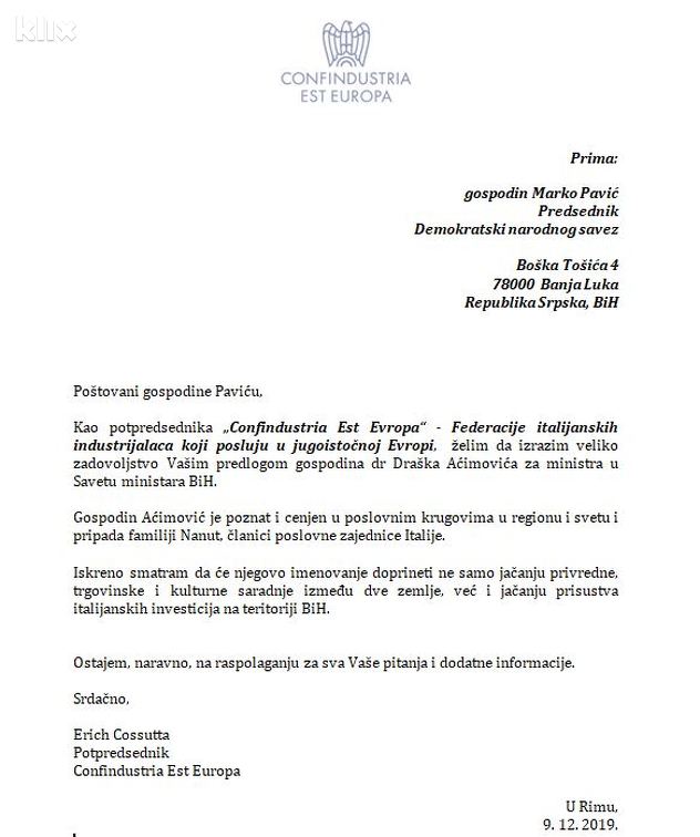Pismo italijanskih industrijalaca (Foto: Klix.ba)