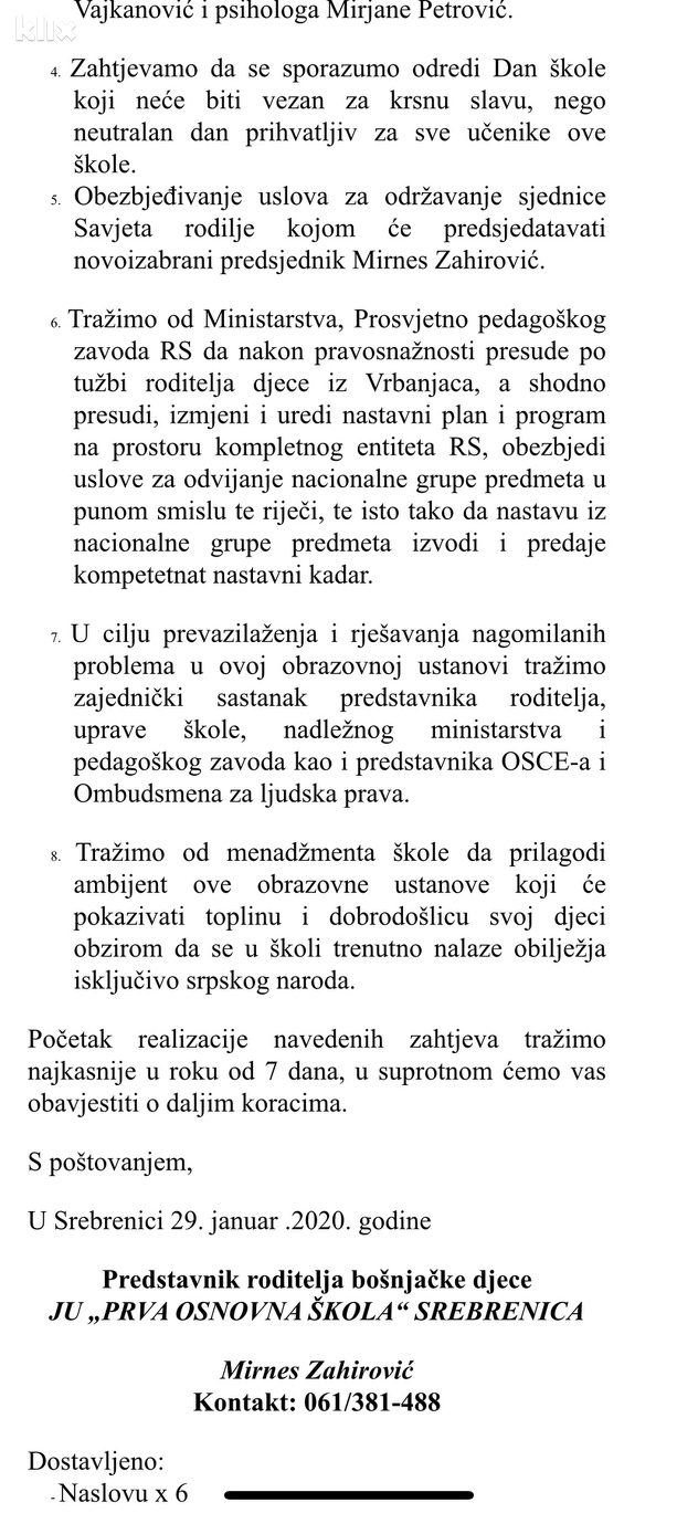 Zahtjevi roditelja koje su uputili upravi škole (Foto: Klix.ba)
