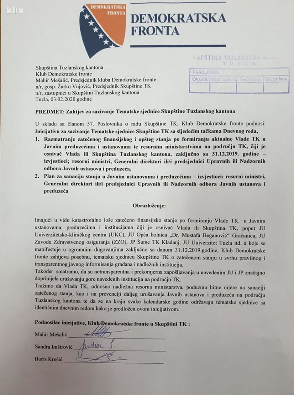 Zahtjev DF-a za sazivanje tematske sjednice Skupštine TK