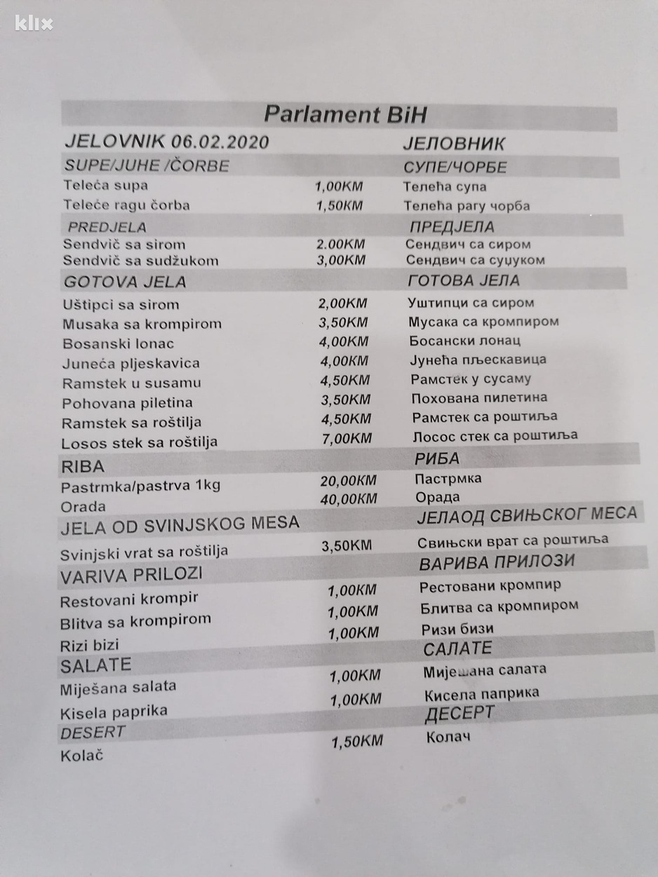 Cjenovnik koji je stupio na snagu danas (Foto: Klix.ba)