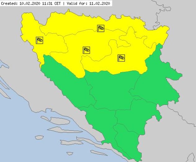 Sinoptička karta koja pokazuje područja u BiH za koja je izdato žuto upozorenje za sutra (Foto: FHMZ)