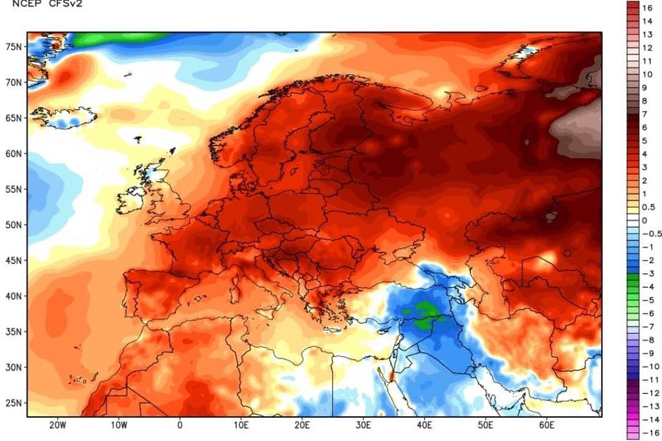 Natprosječna toplota u prvih 15 dana februara mjeseca nad prostorom Evrope.