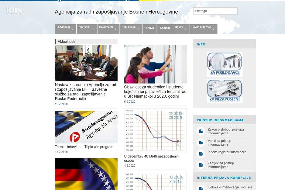 Web stranica Agencije za rad i zapošljavanje BiH