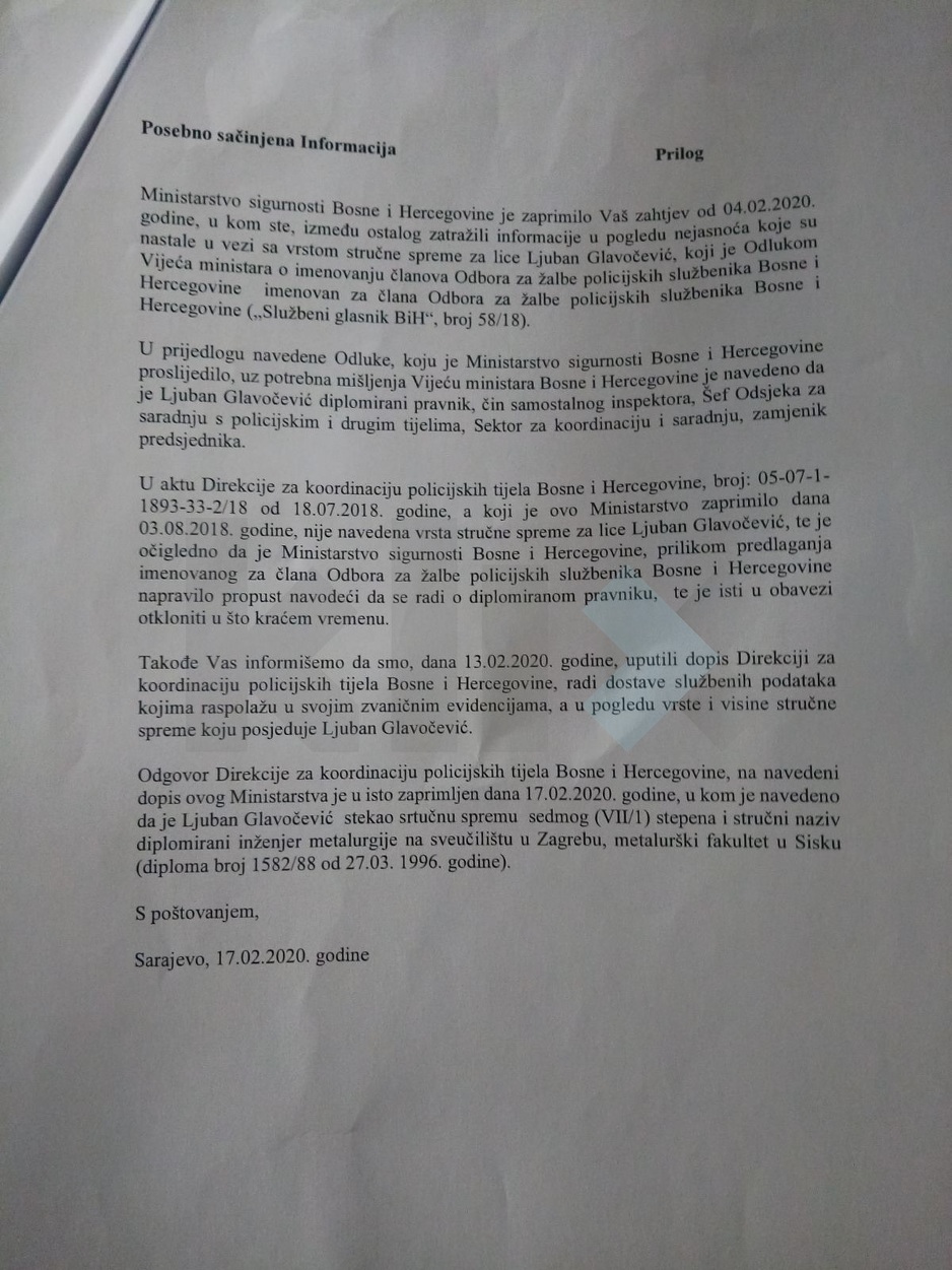 Kako je diplomirani metalurg mogao biti u Odboru za žalbe policijskih službenika BiH