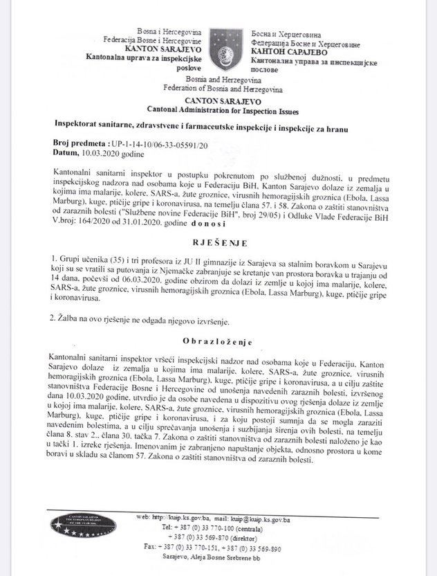 Odluka Kantonalne sanitarne inspekcije
