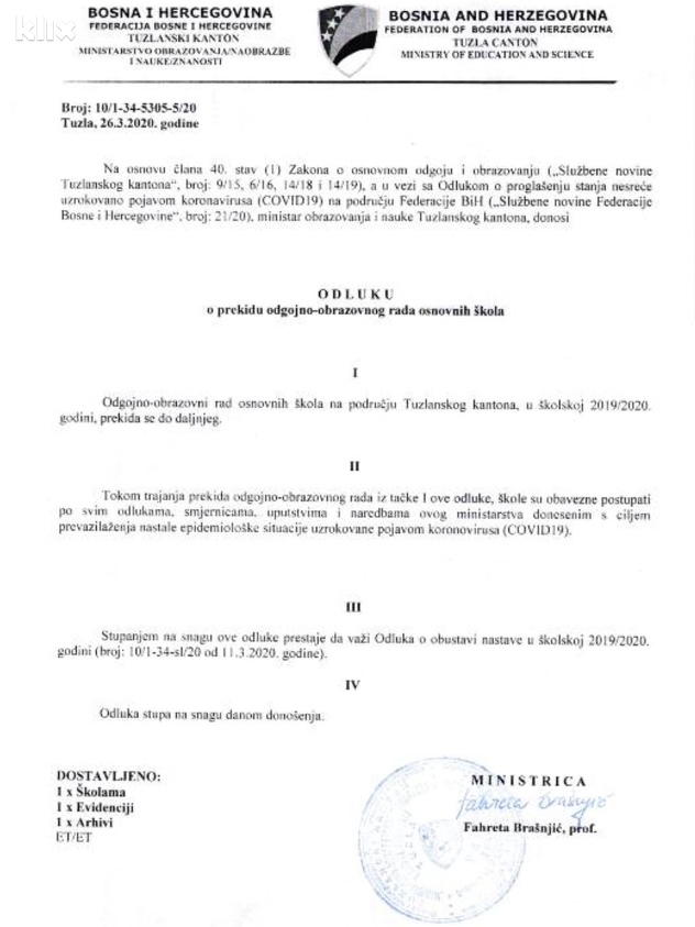 Odluka o obustavi nastave do daljenjeg za osnovne škole u TK (Foto: Klix.ba)