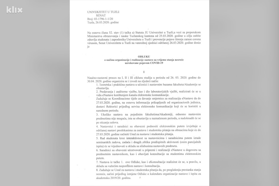 Odluka Senata Univerziteta u Tuzli (Foto: Klix.ba)