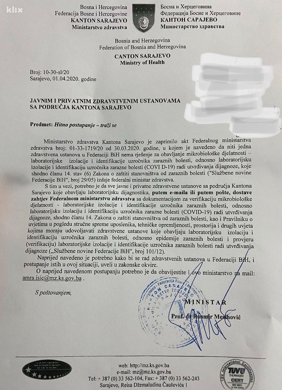 Skandalozno! Ministarstvo tvrdi da nijedna ustanova u FBiH nema rješenje za testiranje na koronavirus