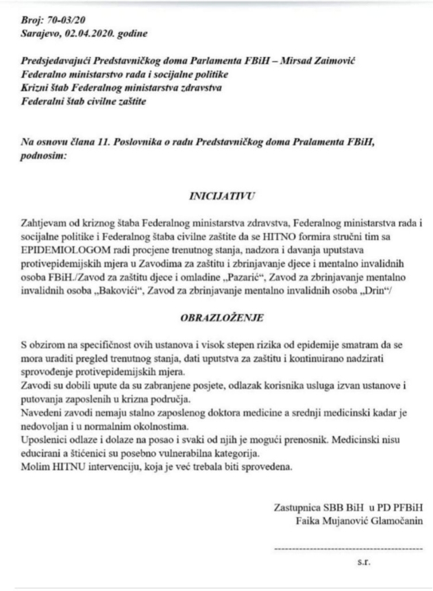 Inicijativa koju je uputila doktorica Faika Mujanović Glamočanin