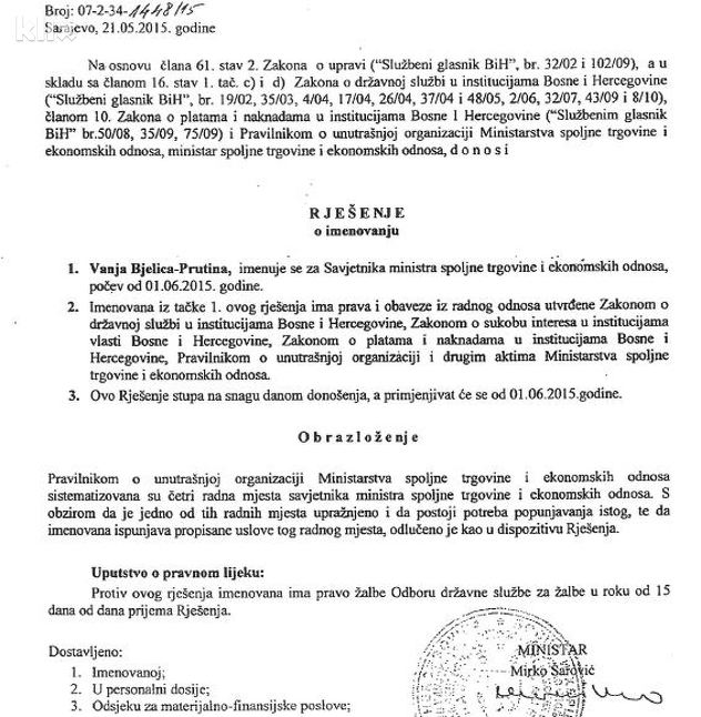 Vanja Bjelica-Prutina imenovana za savjetniku Mirka Šarovića