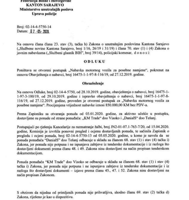 Odluka o poništenju tendera