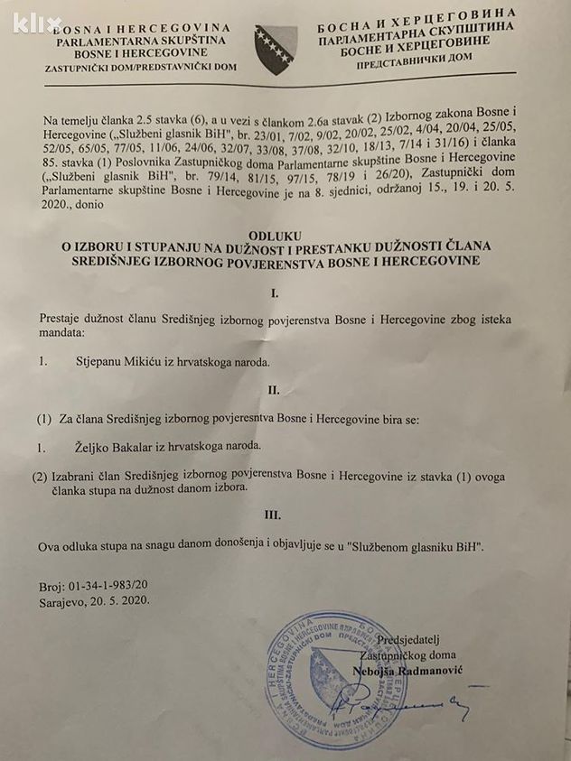 Izbor Željka Bakalara, odluku potpisao Nebojša Radmanović