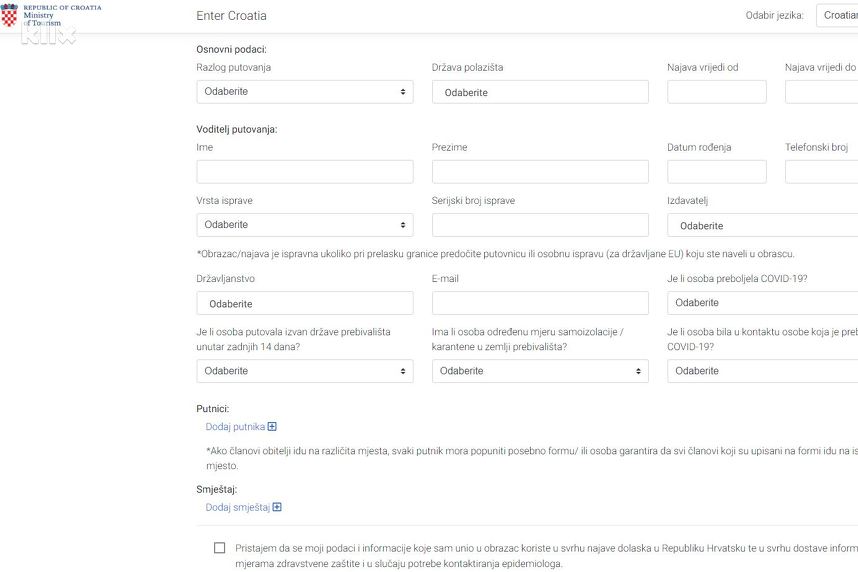 Online obrazac koji se popunjava prije dolaska na granicu