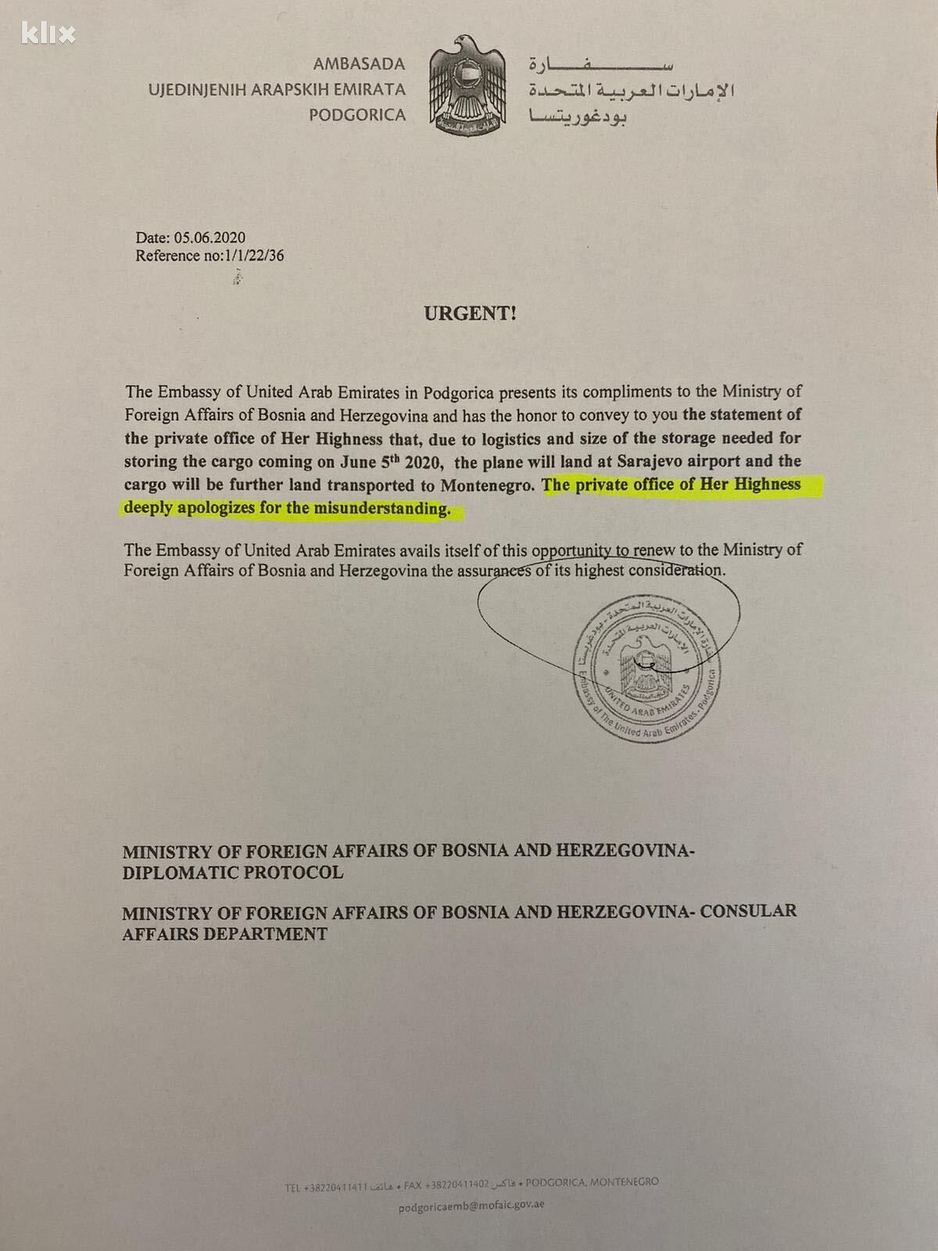 Izvinjenje poslato iz Ambasade UAE u Crnoj Gori