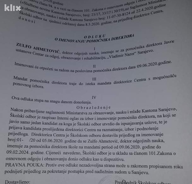 Odluka o imenovanju pomoćnika direktora Centra Vladimir Nazor