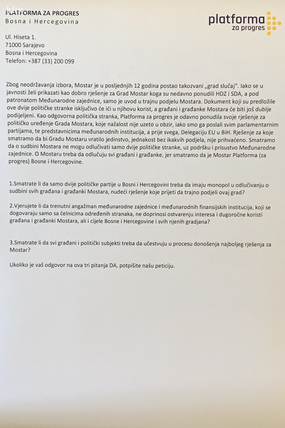Peticija Platforme za progres (Foto: I. Š./Klix.ba)