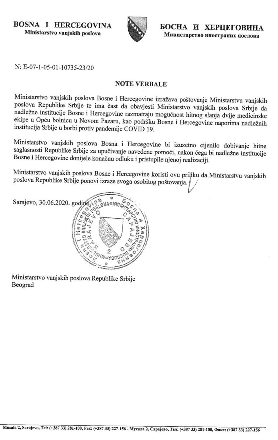 Nota Ministarstva vanjskih poslova BiH upućena Srbiji