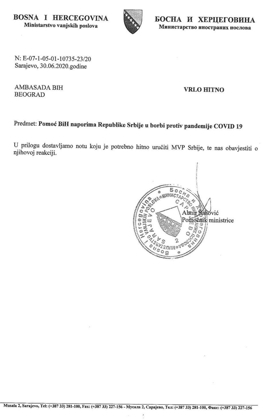 Nota Ministarstva vanjskih poslova BiH upućena Srbiji