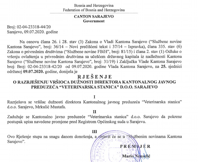Odluka o razrješenju direktora Mrkulića