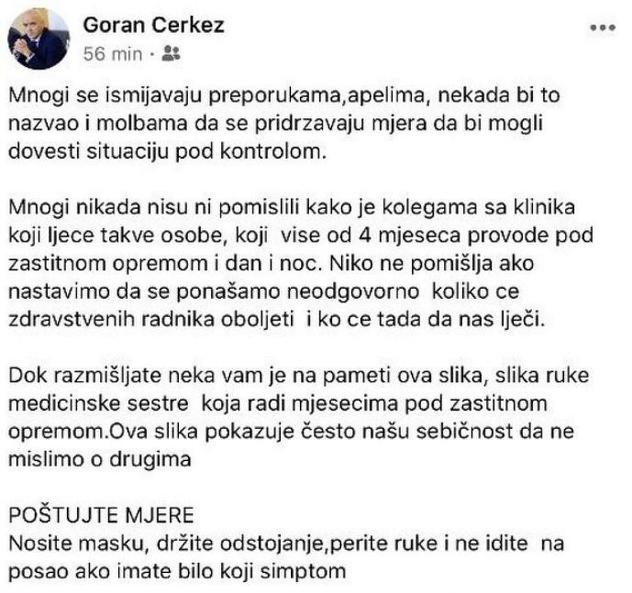 Goran Čerkez fotografijom ruke medicinske sestre poslao snažnu poruku građanima