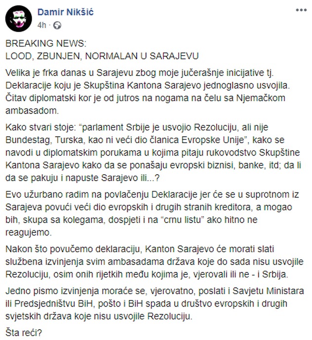 Facebook status Damira Nikšića
