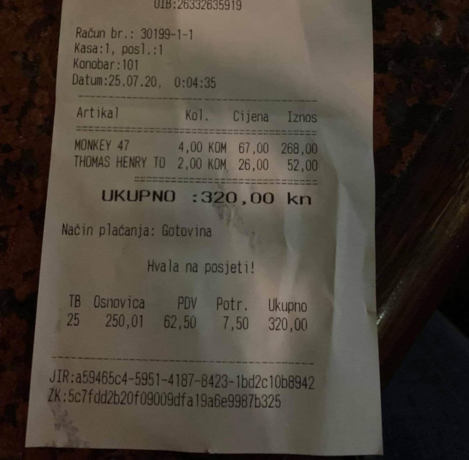 Račun iz ugostiteljskog objekta u Puli