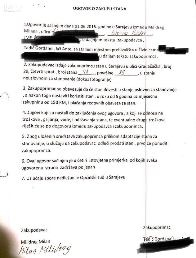 Ugovor o najmu stana između GOrdane Tadić i Milana Milidraga