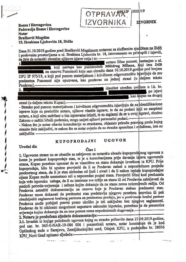 Dokaz da je Milan Milidrag stan prodao u oktobru 2019.