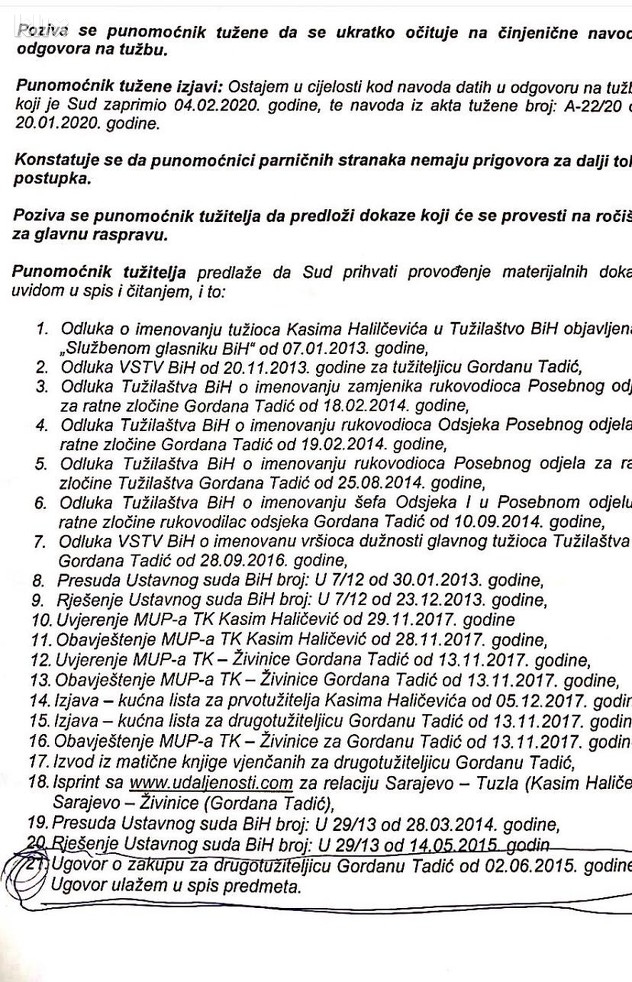 Izvod sa pripremknog ročišta po tužbi Gordane Tadić