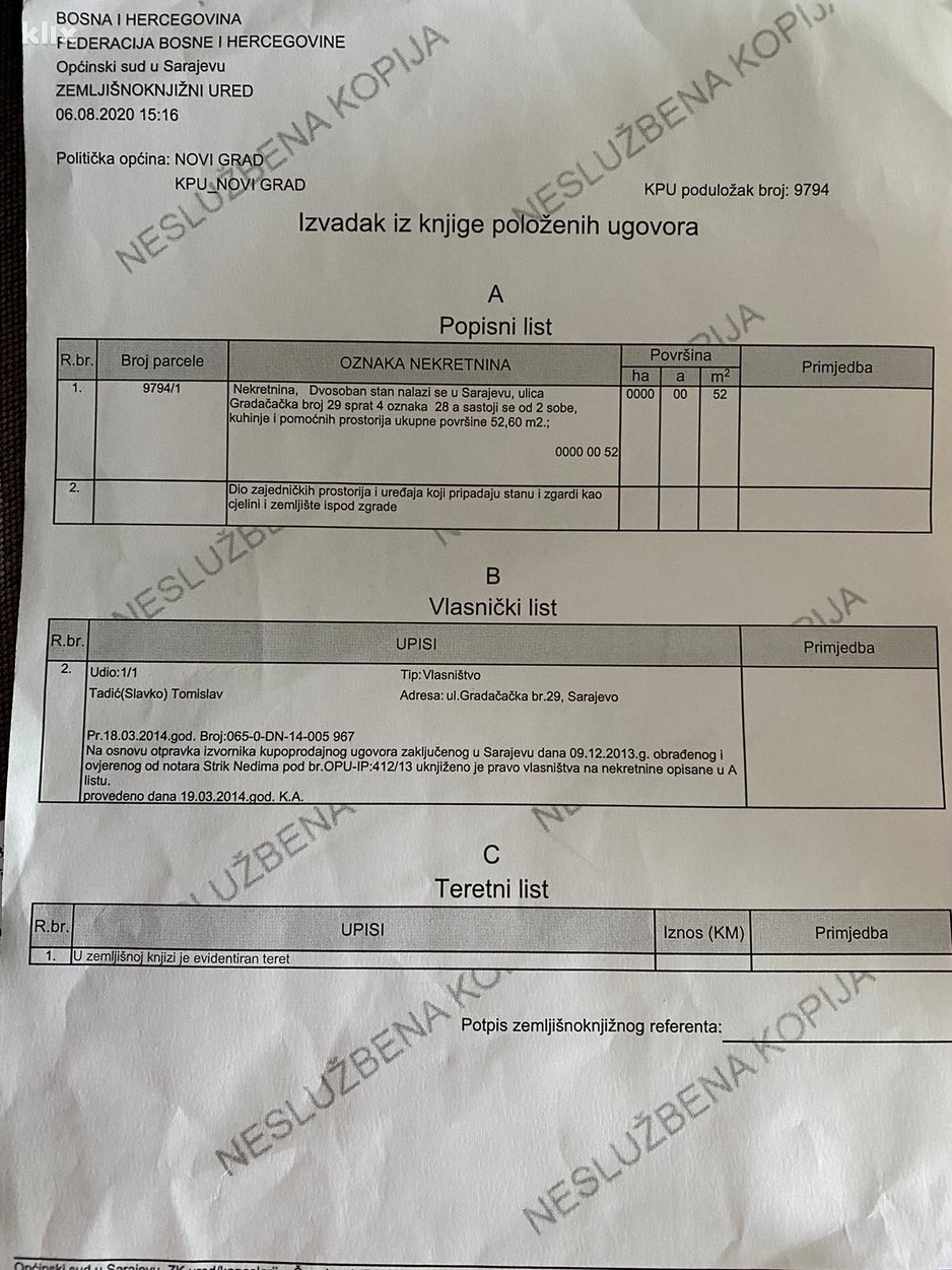 Dokaz da je sin Gordane Tadić vlasnik stana na istoj adresi