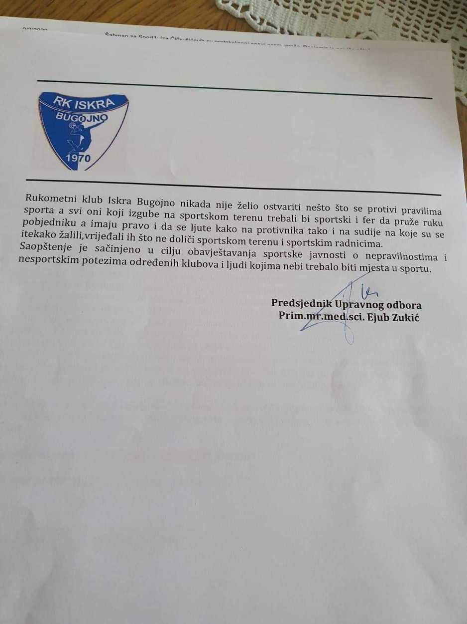 Saopćenje RK Iskra Bugojno