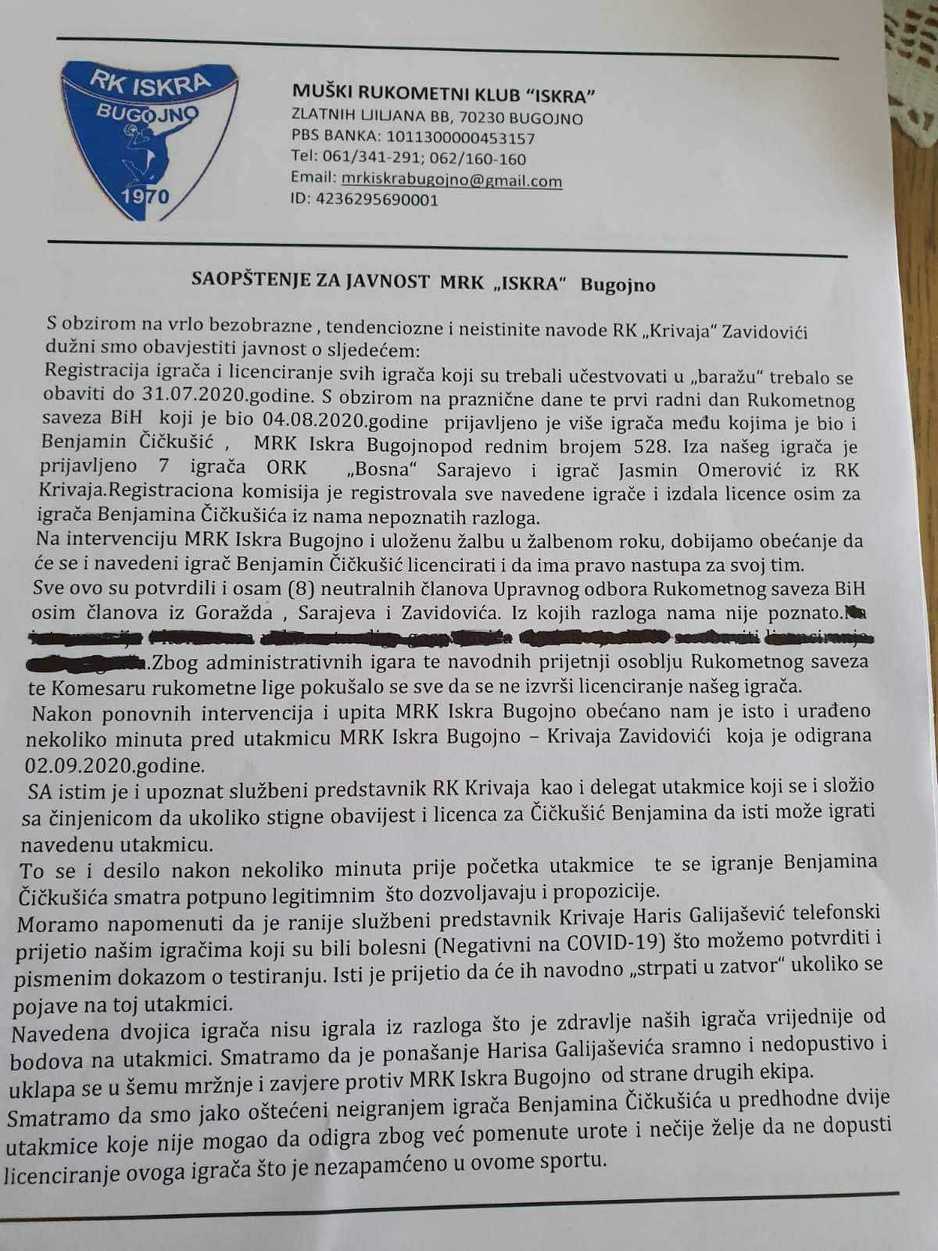 Saopćenje RK Iskra Bugojno