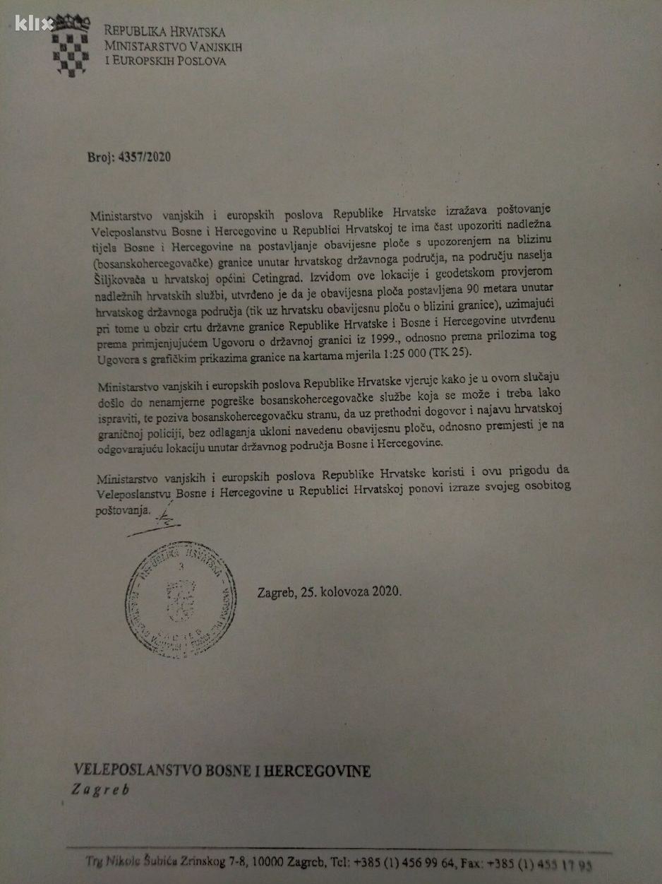 Dopis bh. ambasadi u Hrvatskoj