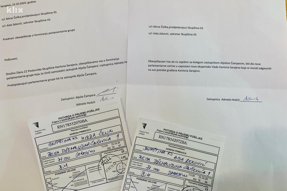 Zastupnica Hodžić o napuštanju Kluba SDA i formiranju novog kluba obavijestila je pismeno predsjedavajućeg Skupštine KS Mirzu Čelika (SDA)