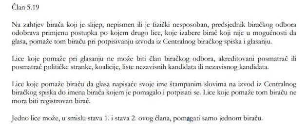 Član 5.19 Izbornog zakona BiH koji govori o načinu glasanja slijepe osobe